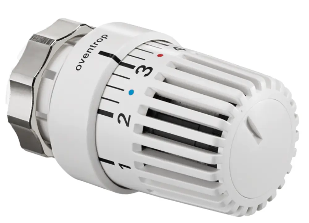 Weißer Oventrop-Thermostat mit Skala von 1 bis 5 und Flüssigfühler, geeignet für Heizungsventile, zylindrische Form mit seitlicher Klemmverbindung.